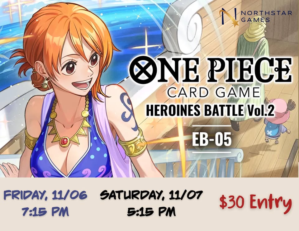 A promotional flyer for a One Piece card game tournament featuring Nami in McLennan County, Texas.