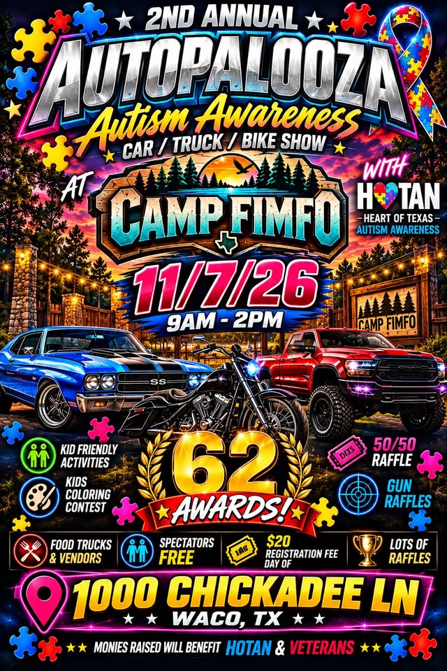 A colorful event flyer for the 2nd Annual Autopalooza Autism Awareness car, truck, and bike show in McLennan County, Texas.