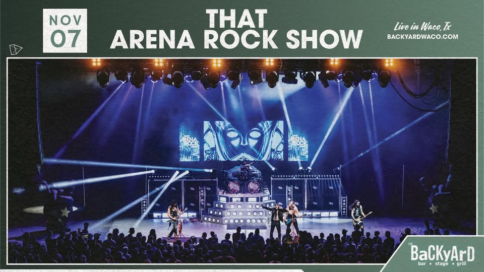 A rock band performs on a stage with bright lights before a large crowd in McLennan County, Texas.