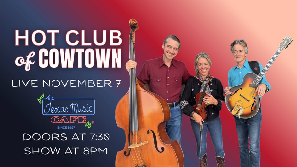 The musical trio Hot Club of Cowtown posing with their instruments for a concert poster in McLennan County, Texas.