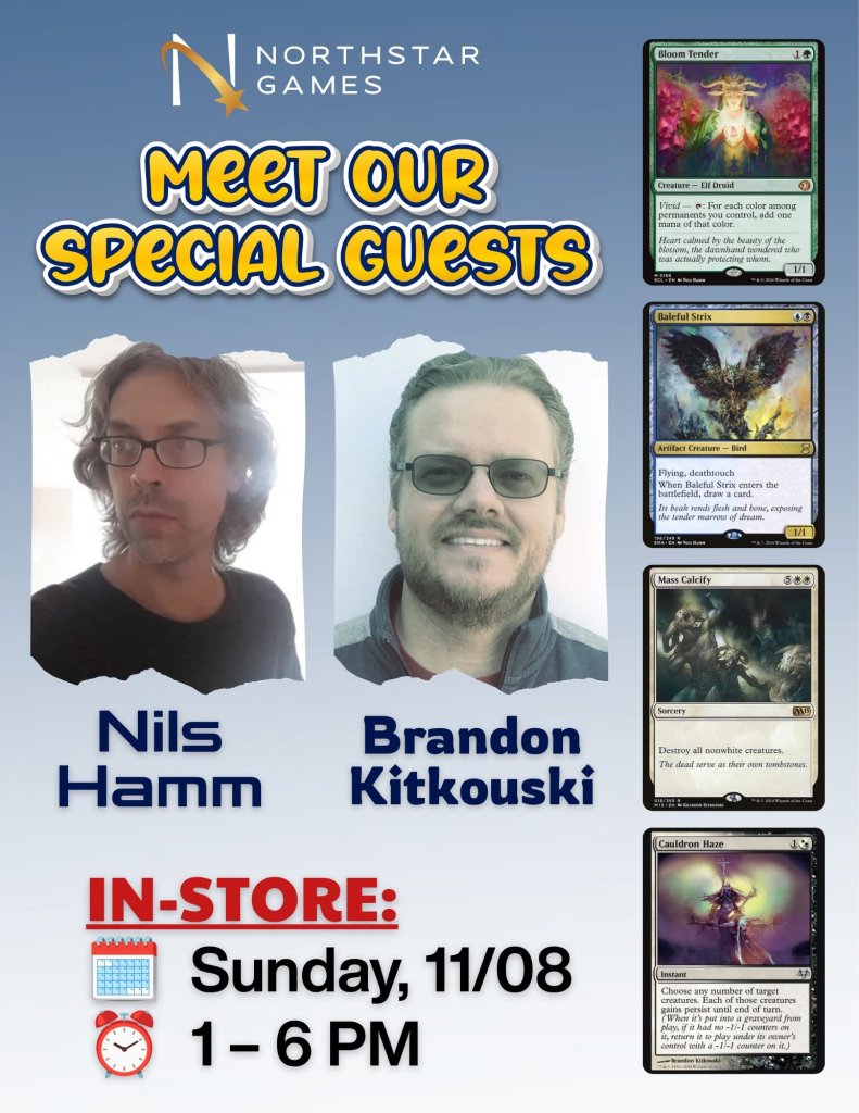 A promotional flyer for a Magic: The Gathering event featuring artists Nils Hamm and Brandon Kitkouski in McLennan County, Texas.