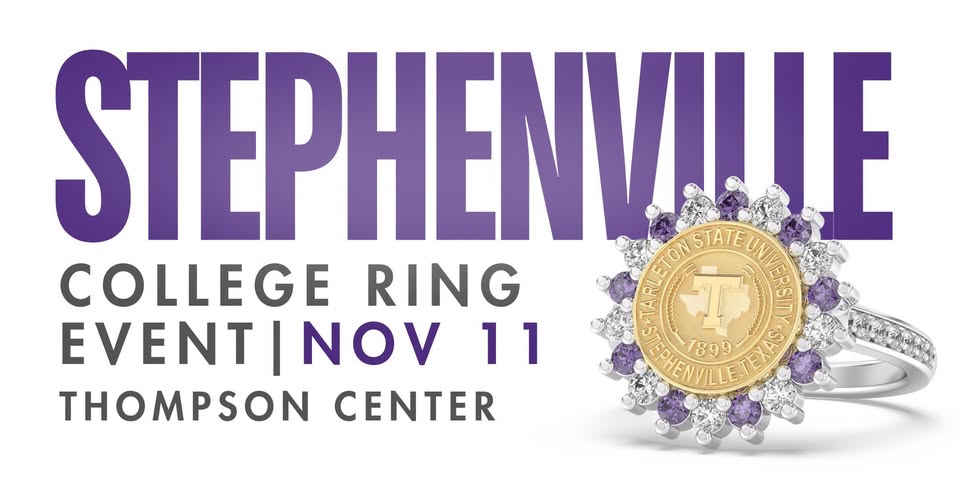 A promotional graphic for a Tarleton State University college ring event in Stephenville in McLennan County, Texas.