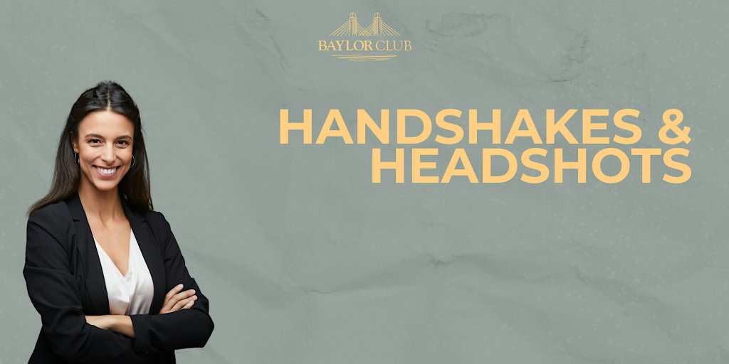 A smiling woman in a professional blazer stands before a Handshakes & Headshots event banner in McLennan County, Texas.