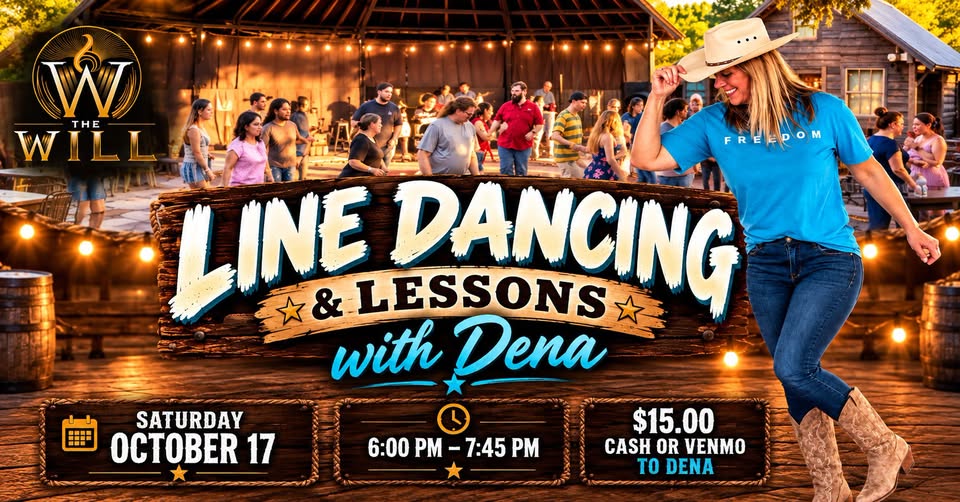 A promotional flyer for a line dancing event with a woman in a cowboy hat in McLennan County, Texas.