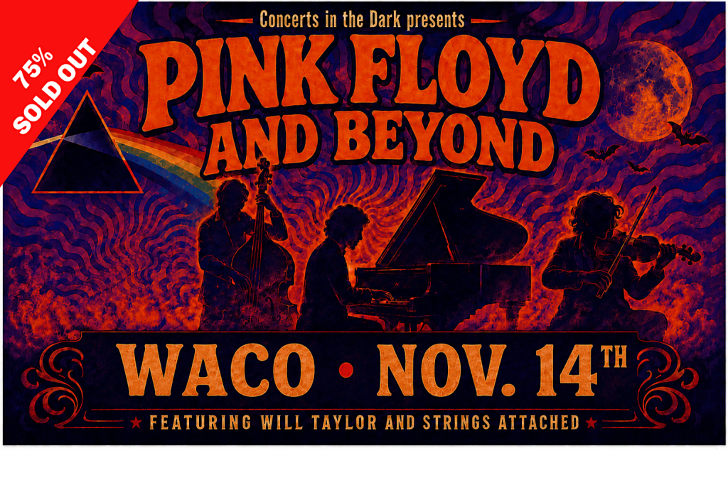 A concert poster for a Pink Floyd tribute show featuring musicians playing instruments in McLennan County, Texas.