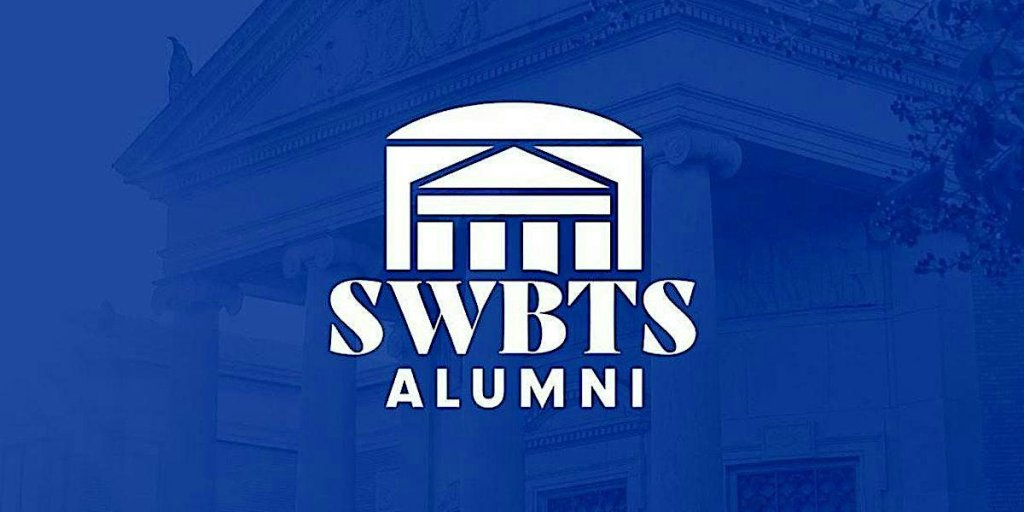 The SWBTS Alumni logo displayed in white over a blue architectural background in McLennan County, Texas.