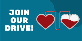 A graphic promoting a blood drive with heart-shaped blood bags on a blue background in McLennan County, Texas.
