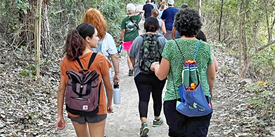 A group of people hiking along a dirt trail in a wooded area in McLennan County, Texas.