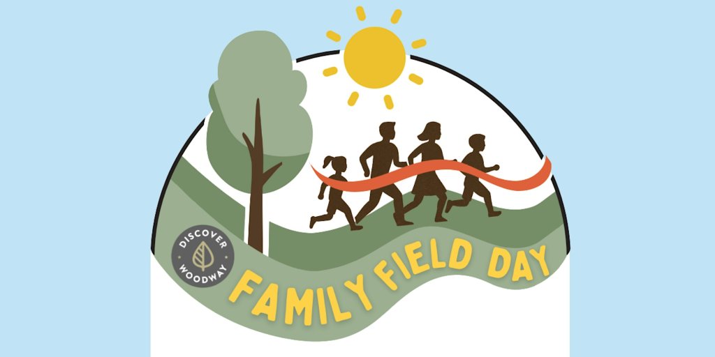 A graphic illustration of a family running through a finish line at field day in McLennan County, Texas.