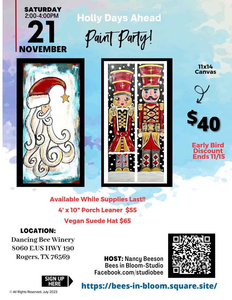 A flyer for a Christmas-themed paint party featuring Santa and nutcracker illustrations in McLennan County, Texas.