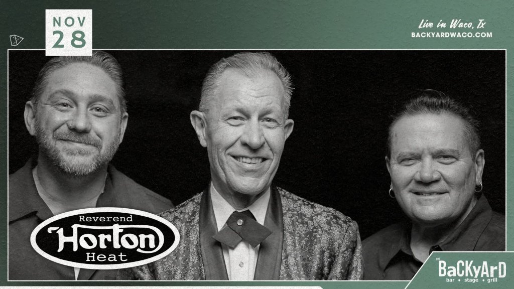 A black and white promotional photo of the band Reverend Horton Heat in McLennan County, Texas.