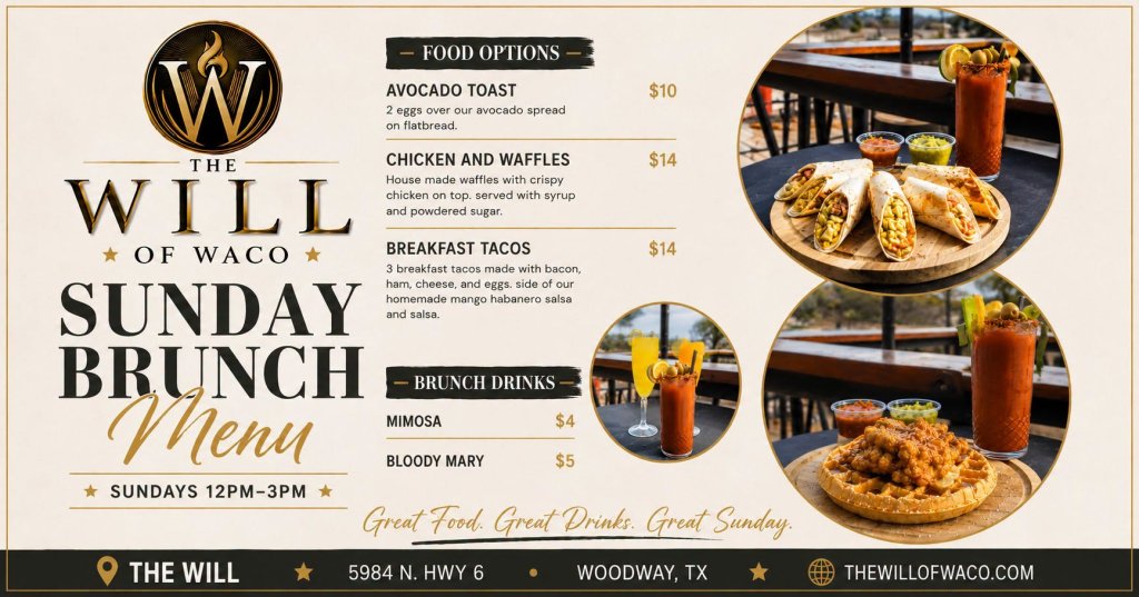 A Sunday brunch menu for The Will of Waco featuring food and drink images in McLennan County, Texas.