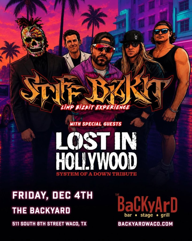 A concert poster for a Limp Bizkit tribute band featuring five men in neon lighting in McLennan County, Texas.