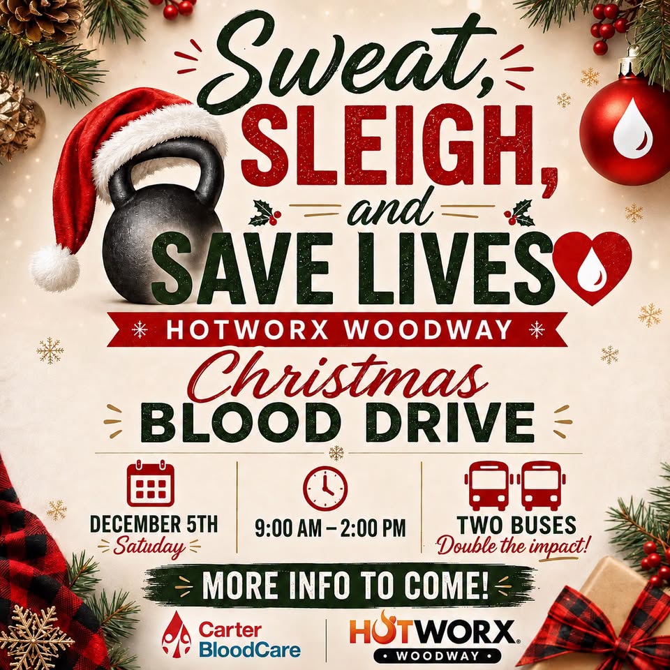 A Christmas-themed flyer for a blood drive at Hotworx Woodway on December 5th in McLennan County, Texas.