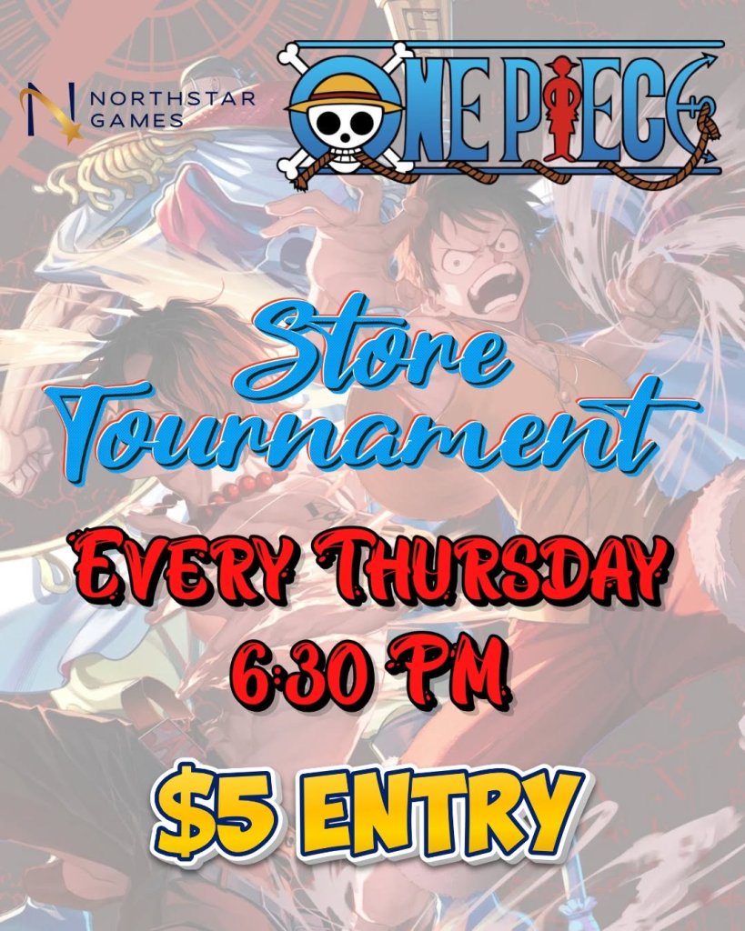 A promotional flyer for a weekly One Piece card game store tournament in McLennan County, Texas.