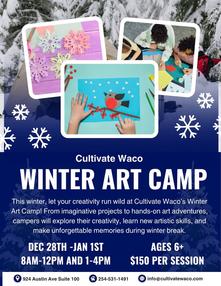 A flyer for a winter art camp featuring children making crafts in McLennan County, Texas.