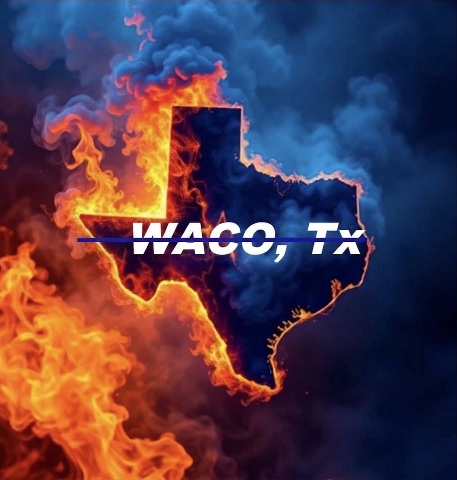 The state of Texas outlined in fire with the text Waco, TX overlaid in McLennan County, Texas.