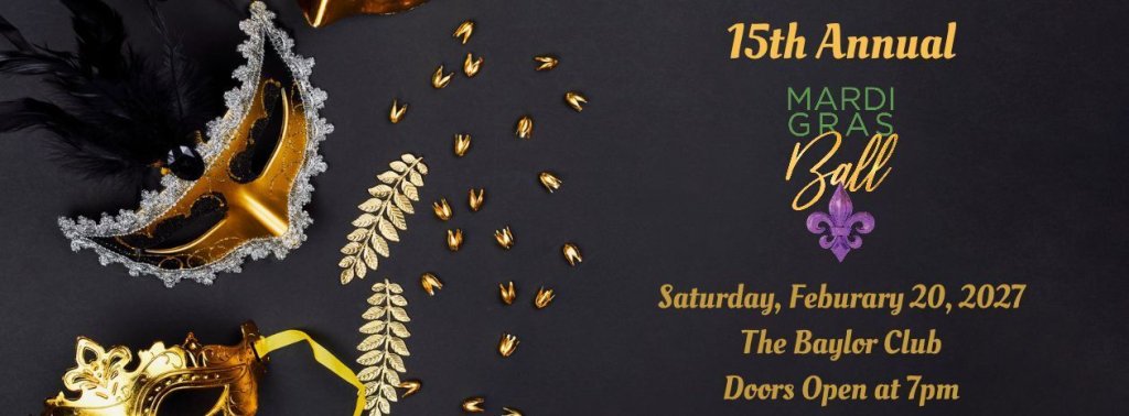 An invitation for the 15th annual Mardi Gras Ball featuring masks and gold decorations in McLennan County, Texas.