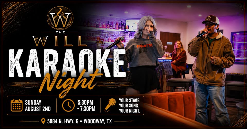 A promotional flyer for a karaoke night event at a bar featuring people singing in McLennan County, Texas.