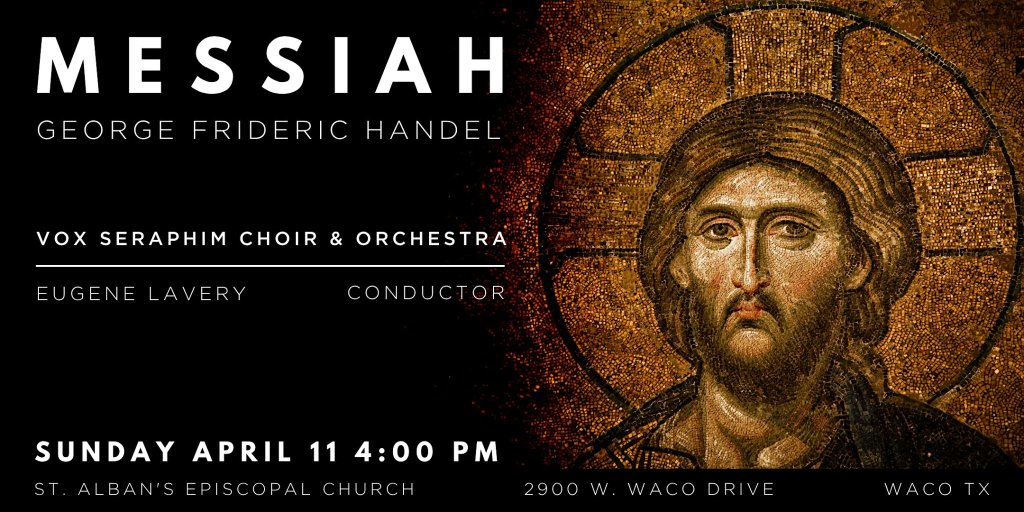 A concert poster for Handel's Messiah featuring a mosaic of Jesus Christ in McLennan County, Texas.