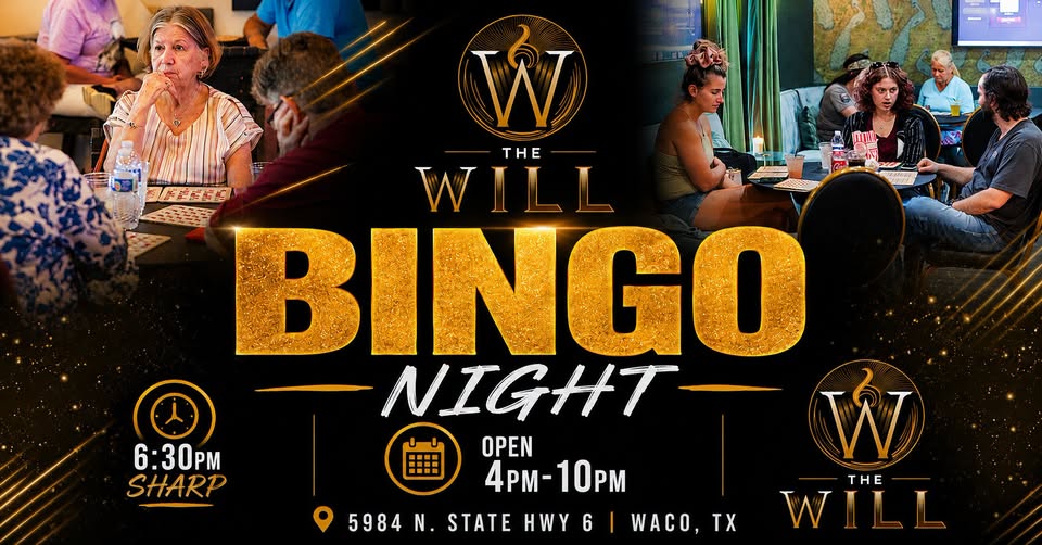 A promotional flyer for bingo night at The Will featuring people playing bingo in McLennan County, Texas.