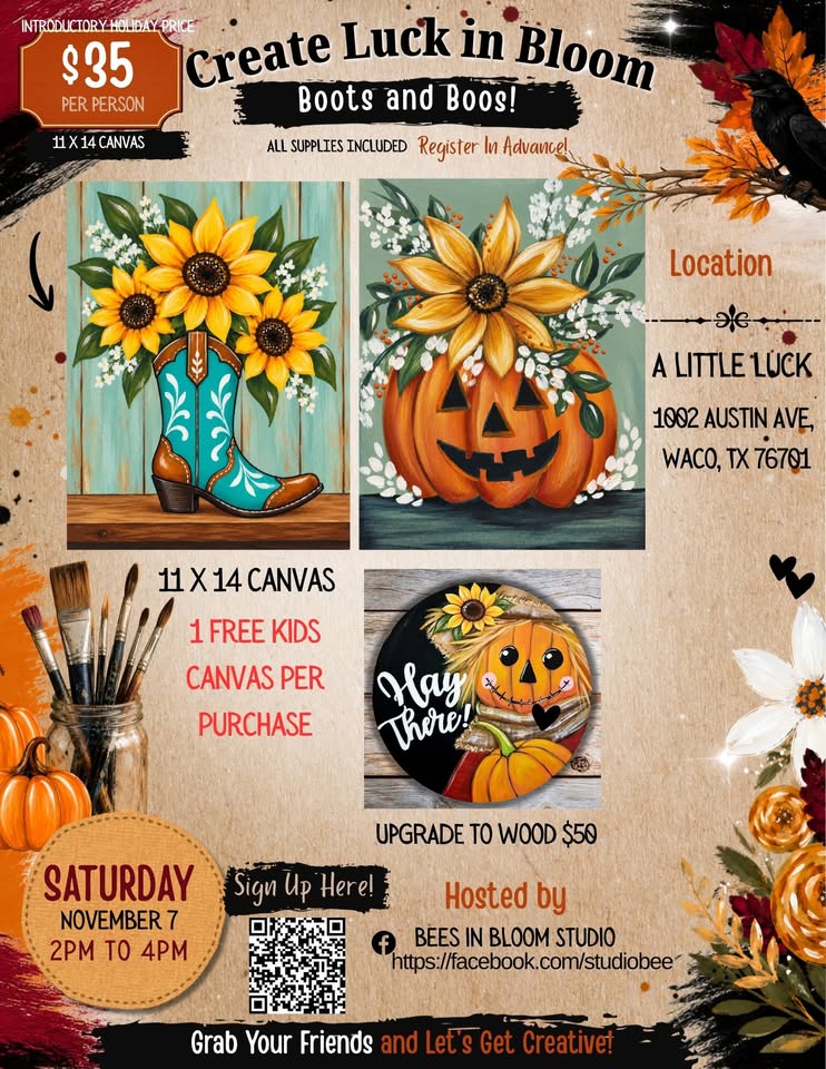 A promotional flyer for a fall-themed painting event featuring sunflowers, pumpkins, and boots in McLennan County, Texas.