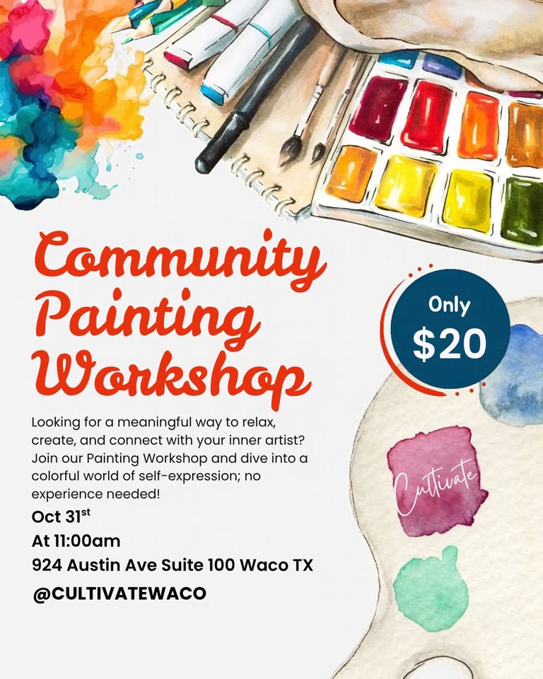 A flyer for a community painting workshop with art supplies and watercolor illustrations in McLennan County, Texas.