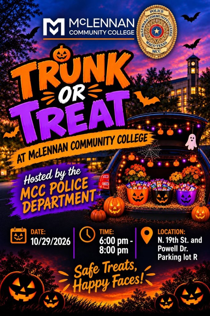 A flyer for a Trunk or Treat event hosted by McLennan Community College Police Department in McLennan County, Texas.