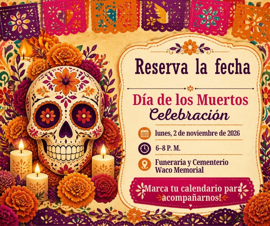 A colorful invitation for a Dia de los Muertos celebration with a sugar skull in McLennan County, Texas.