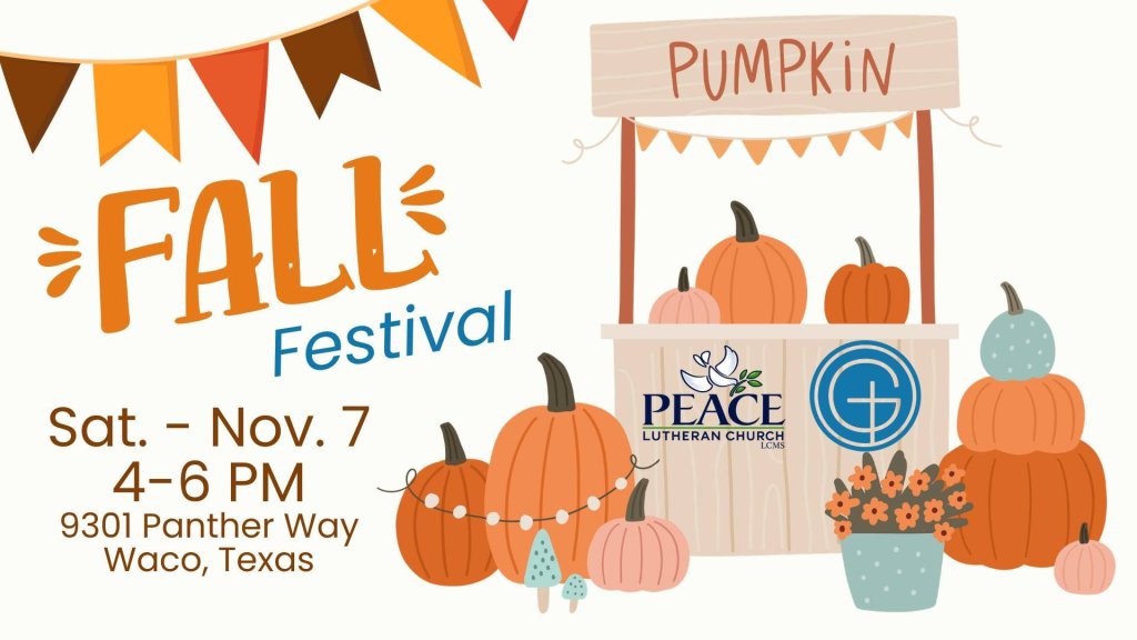 A flyer for a fall festival at Peace Lutheran Church featuring pumpkins and decorations in McLennan County, Texas.