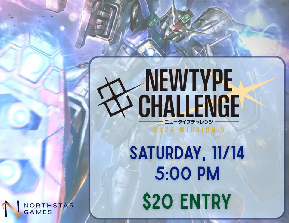 A promotional flyer for a Newtype Challenge gaming event featuring a giant robot illustration in McLennan County, Texas.