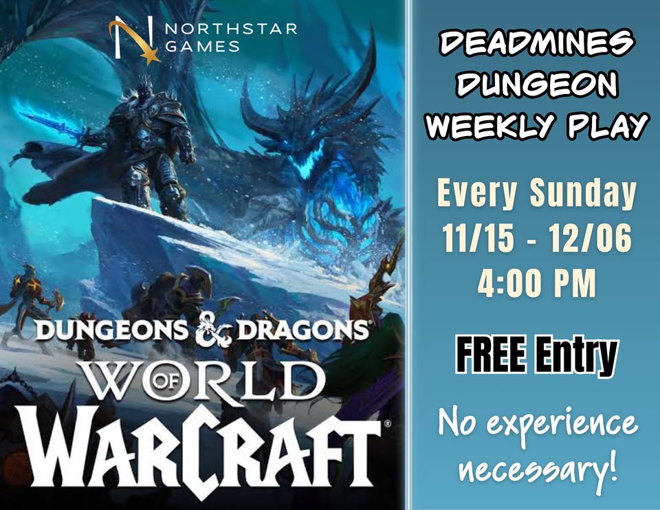 A promotional flyer for a weekly Dungeons and Dragons event featuring World of Warcraft art in McLennan County, Texas.