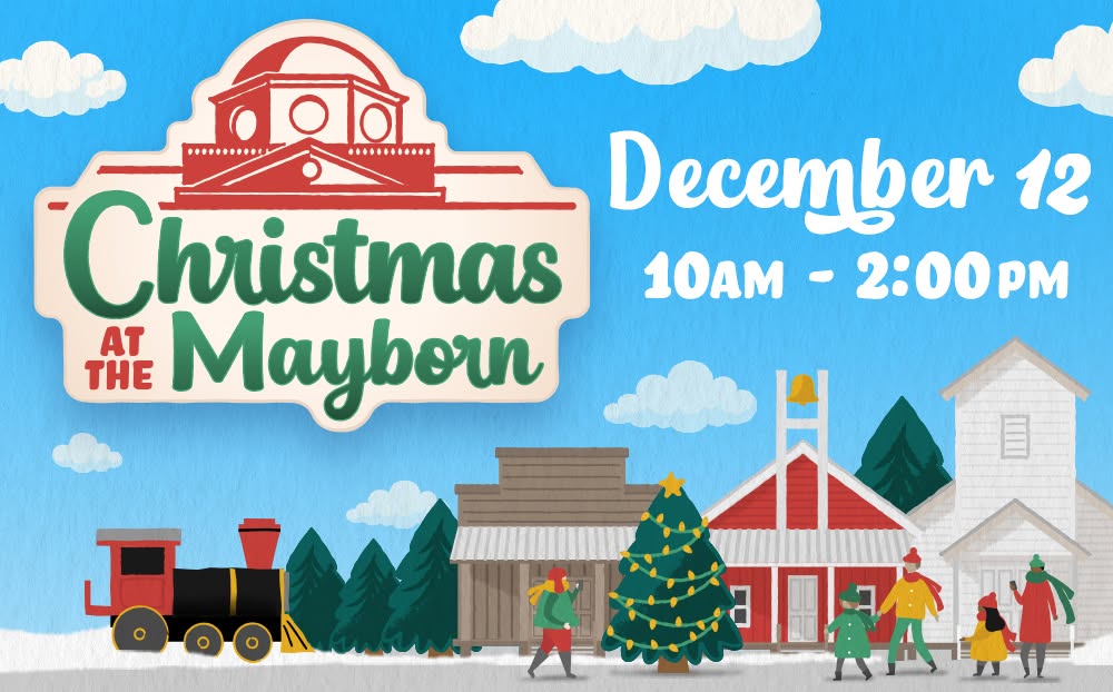 A festive illustration advertising Christmas at the Mayborn on December 12th in McLennan County, Texas.
