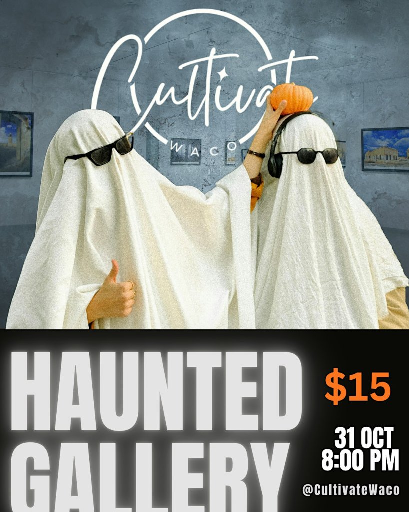 Two people in ghost costumes with sunglasses and a pumpkin pose for a Halloween event in McLennan County, Texas.