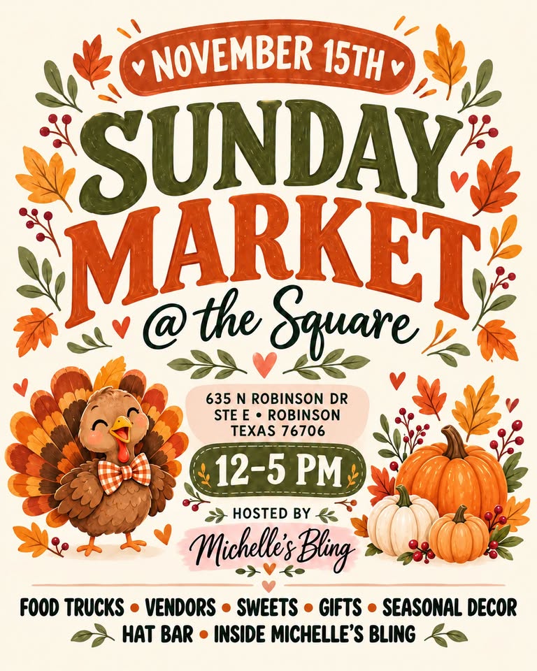 A festive flyer for a Sunday market featuring a cartoon turkey and autumn decorations in McLennan County, Texas.